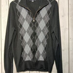 Banana Republic Men's Small Black Argyle Sweater Wool Blend Preppy Zip Academia